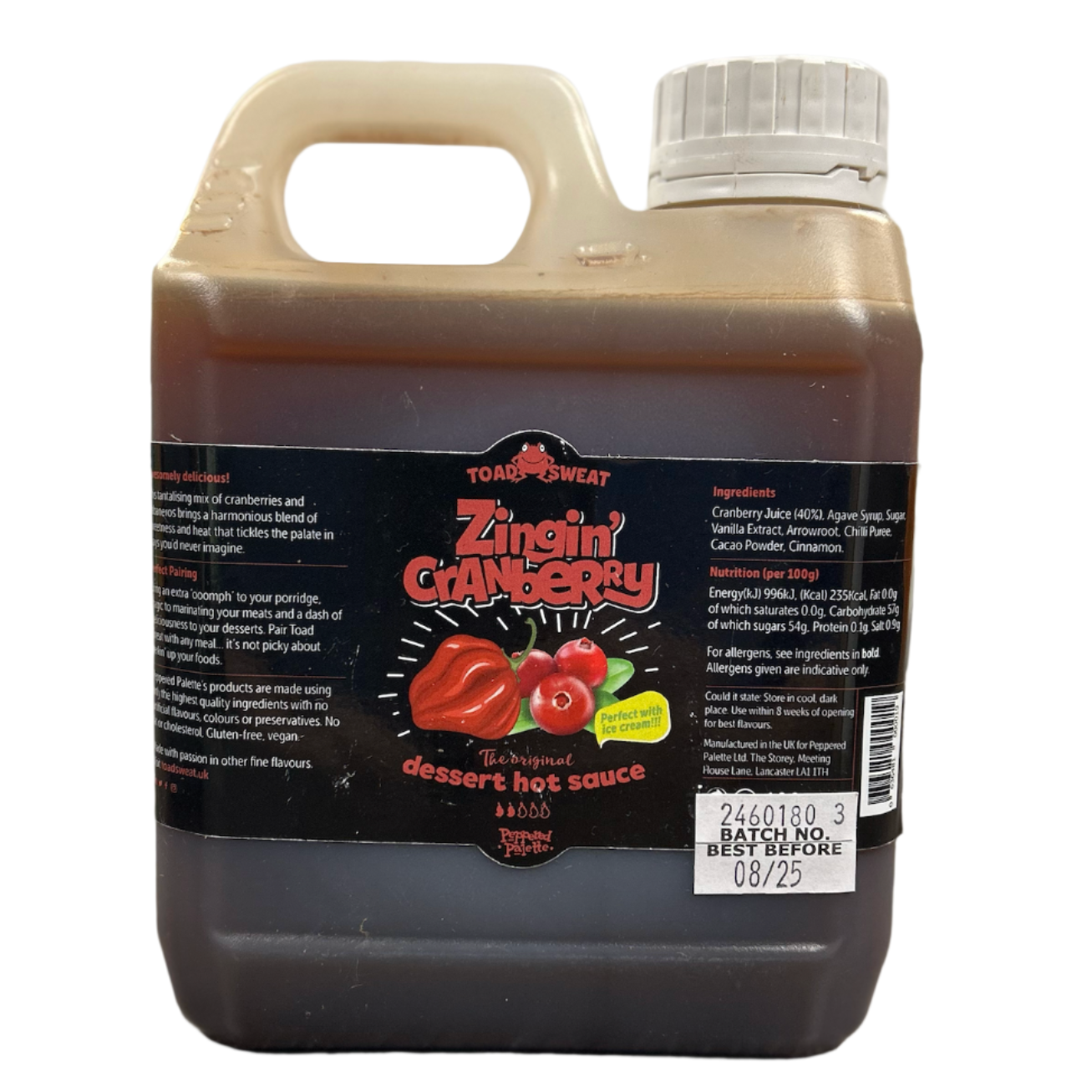 Zingin' Cranberry Toad Sweat Dessert Hot Sauce in a 1 Litre plastic container